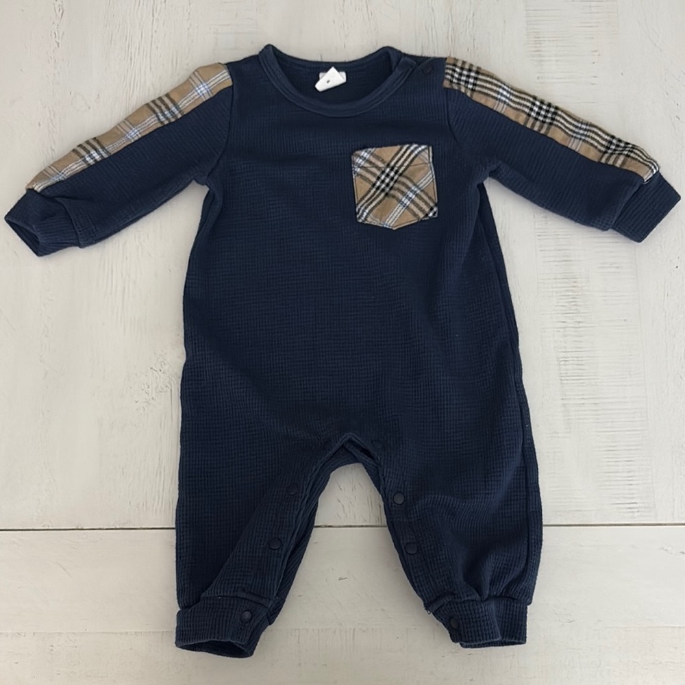 Plaid Accent Navy Kids One Piece